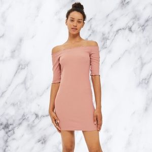 Topshop Blush Frill Bardot Short Sleeve Dress